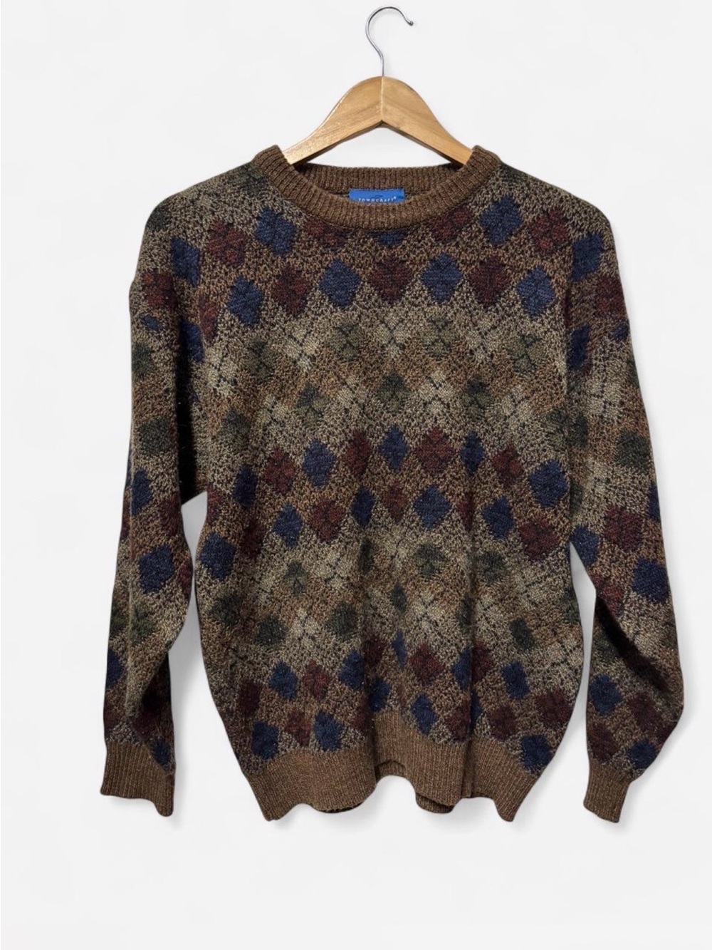 Vintage 90s Towncraft Argyle Knit Grandpa Sweater Brown Navy Medium